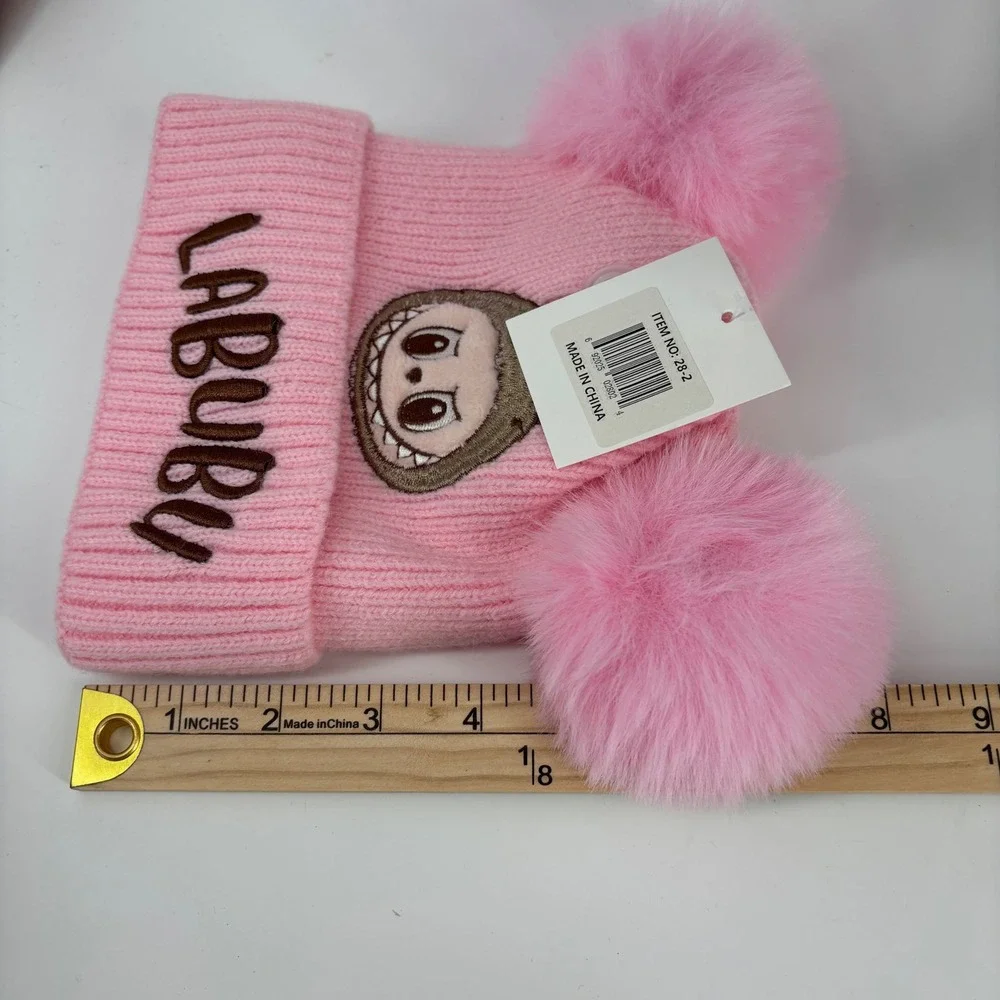 Labubu Double Pom Pom Beanie Kids One Size Pink Embroidered Ribbed Knit Hat